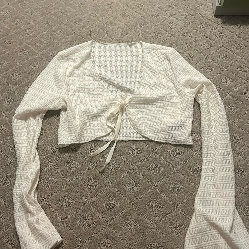 Brandy Melville Greta White Tie Front Long Sleeve Top